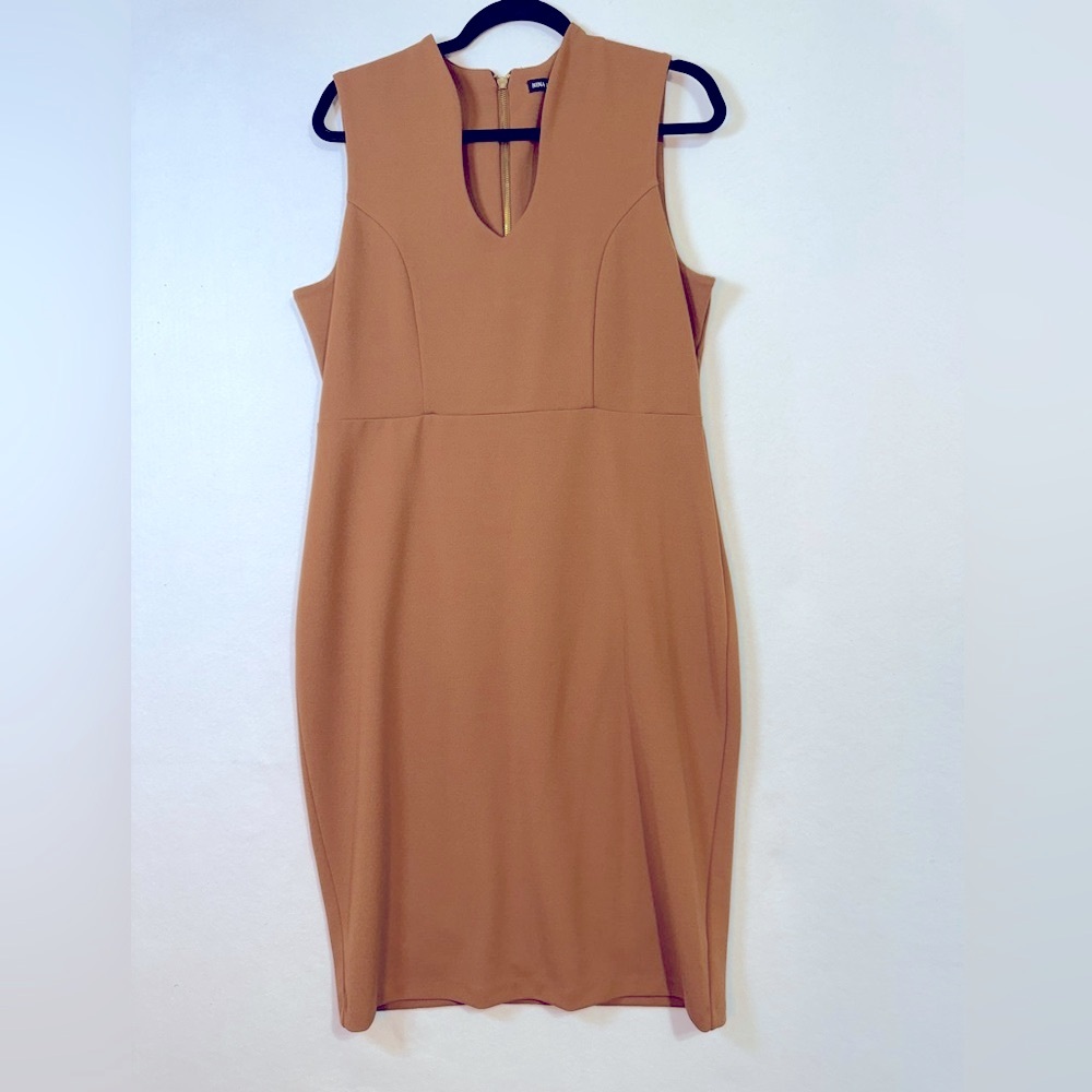Nina Leonard Brown Sheath Midi Dress with Plunge Neckline